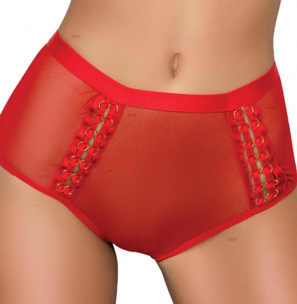 Damen Dessous Knickers Shorts rot transparent Slip aus Tüll mit Gummibund und Ringen