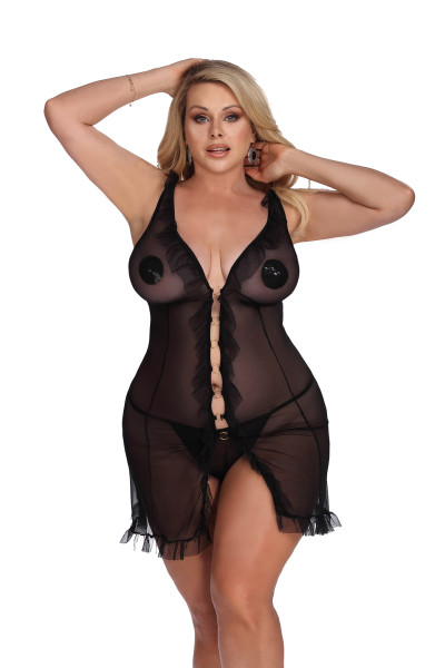 Transparentes schwarzes Negligee Plus Size elastisch aus Netzmaterial mit Ringen