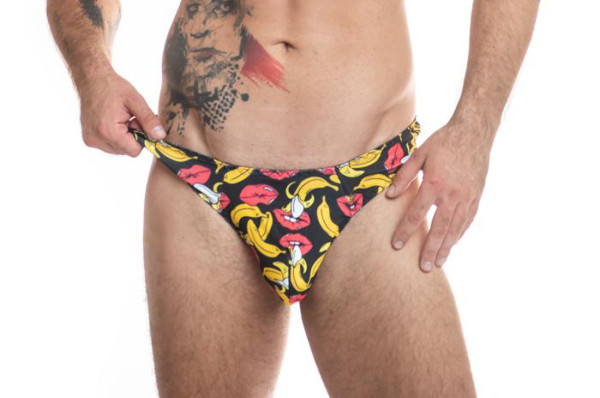 Herren String Tanga mit Bananen und Kussmund Print Männer Slip blickdicht elastisch