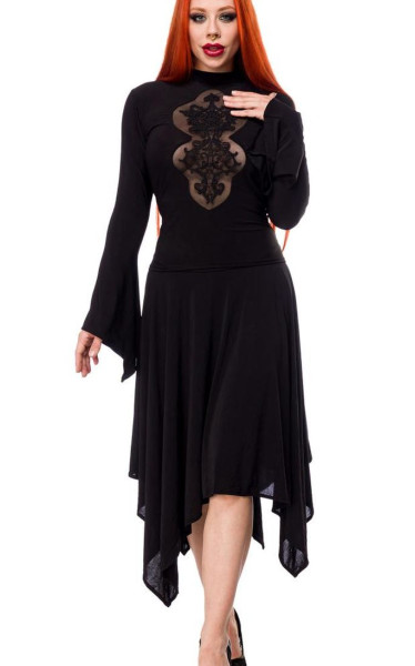 Schwarzes knielanges Swing Kleid im High Waist Schnitt mit Spitze und Brustausschnitt Vollglocke und
