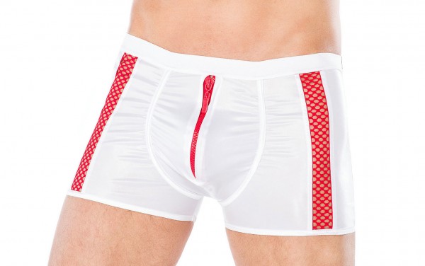 Herren Dessous Boxer-Shorts weiß aus wetlook Material mit rotem Reißverschluss Männer Shorts Unterwä