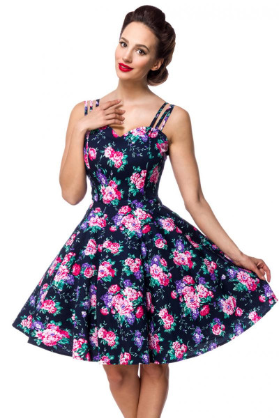 Schwarzes knielanges Swing Kleid im High Waist Schnitt mit Tellerrock und Herz-Ausschnitt und rot Bl
