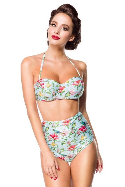 Elastischer Damen Bikini Träger Neckholder Top und Vögel Blüten Blumen Muster Türkis bunt Push Up