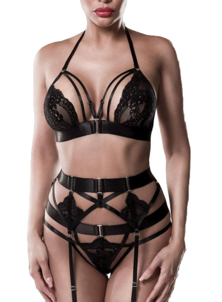 Schwarzes Damen Neckholder BH Bustier Spitzentop mit tiefem Ausschnitt Top Strapsgürtel und String B