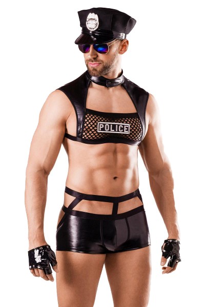 Männer sexy schwarzes Polizei-Kostüm mit Shorts Mütze Top Bänder und Sonnenbrille Handschuhe Rolepla