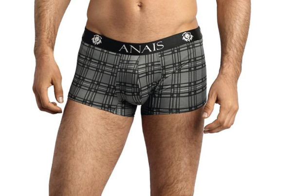 Herren Boxer Shorts grau schwarz aus glattem halbtransparentem Stoff mit Karo Muster und breitem Gum