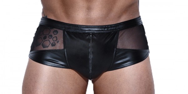 Schwarze Herren Dessous Shorts mit Tüll Einsatz und Reißverschluss Männer fetisch Slip
