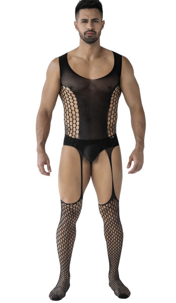 Schwarzer Männer Strumpfhalter Bodystocking aus dehnbarern Netz Fishnet Strumpfhalter Optik Herren S