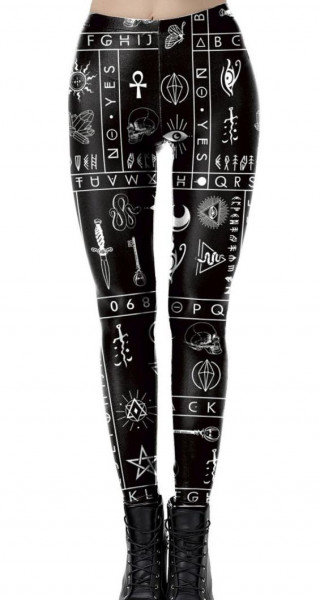 Schwarze Damen Gothic Wetlook Leggings mit Hieroglyphen Pentagramm und Strumpfhose Optik elastischer