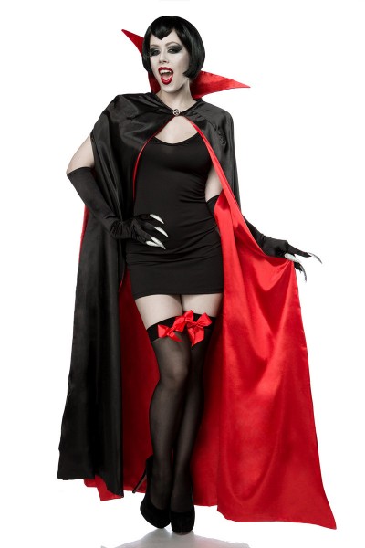 Damen Horror Vampir Kostüm Verkleidung aus Cape, Kleid, Stockings; Handschuhe in schwarz/rot OneSize