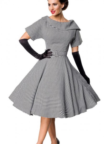 Retro Damen Swingkleid in grau mit weißen Hahnentrittmuster Vintagekleid mit kurzen Ärmeln und große