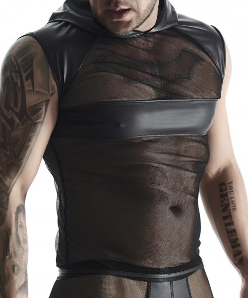 Herren Dessous Kapuzen Muskel Shirt transparent schwarz wetlook Männer Hemd dehnbar mit Netzmaterial