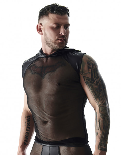 Herren Kapuzenshirt schwarz aus Netz transparentes Netzshirt elastisch mit wetlook Einsätzen