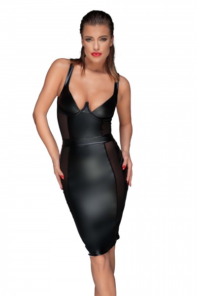 Schwarzes erotisches Damen Dessous wetlook Pencil-Kleid mit Bügel BH und Reißverschluss Gogo Kleid