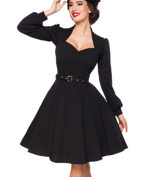 Schwarzes knielanges Swing Kleid im High Waist Schnitt mit Spitze und Herzausschnitt Tellerrock und
