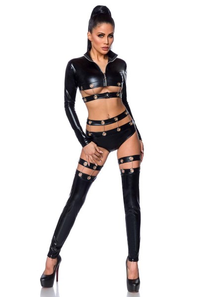 Erotisches Damen Kettenoutfit aus Jacke, Panty und Stockings in wetlook schwarz Dessous Set elastisc