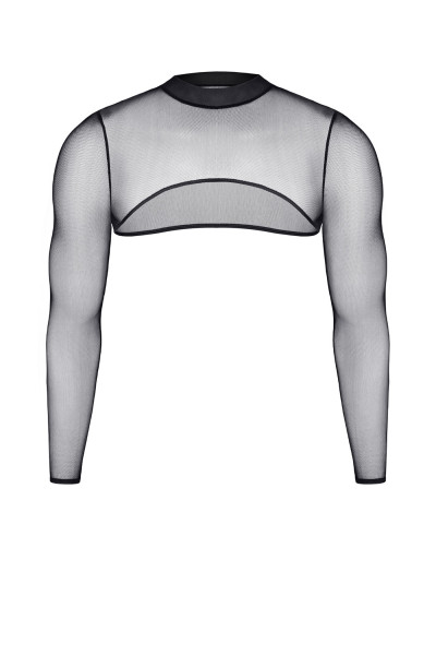 Schwarzes transparentes Damen-Top mit langen Ärmeln elastisch aus Netz-Mesh Material brustfrei