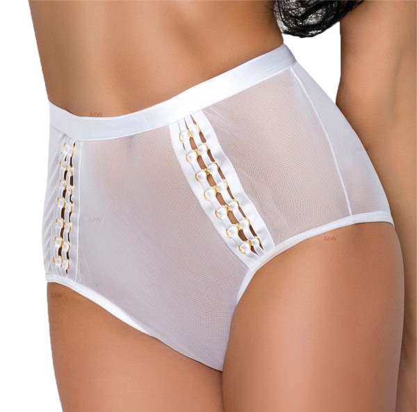 Damen Dessous Knickers Shorts weiß transparent Slip aus Tüll mit Gummibund und Ringen
