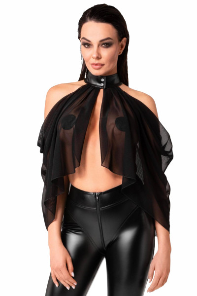 Knapper Damen Dessous Neckholder Tüll-Bolero aus Netzmaterial transparent sinnliches Top in schwarz