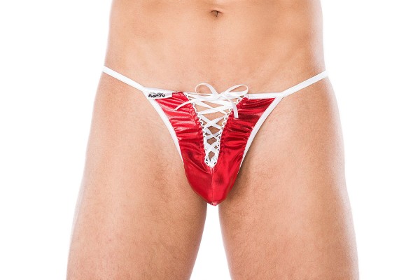 Herren wetlook Christmas weihnachts String in rot weiß mit Schnürung Männer X-Mas Slip elastisch
