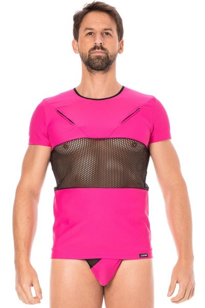 Herren T-Shirt in magenta mit schwarzem Netzeinsatz Männer Dessous Shirt elastisch kurzarm