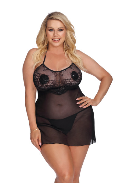 Schwarzes transparentes Damen Dessous Negligee Plus Size Nachtkleid aus Tüll und Spitze elastisch
