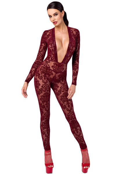 Damen Tüll Overall rot mit Netz und Ausschnitt transparent offen Frontausschnitt Body Catsuit Reißv