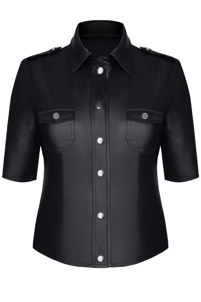 Schwarze Damen Jacke Bluse im Militärstil mit Kragen und Schulterklappen Shirt aus wetlook Material