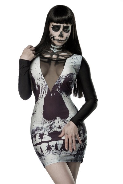 Schwarzes Damen Totenkopf Minikleid mit Totenkopf Print Faschingsverkleidung Outfit