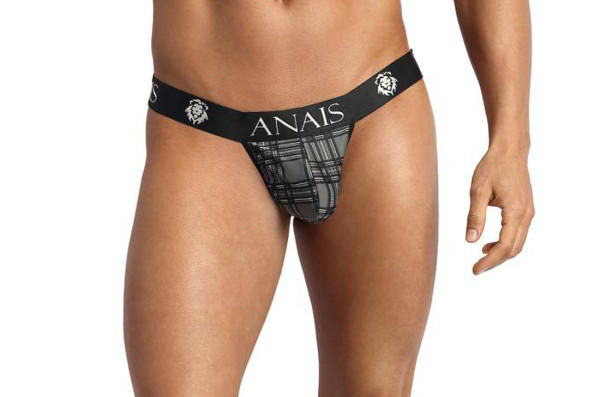 Schwarz grau karierter Dessous Herren Jock Strap aus glattem halbtransparentem Stoff mit Karo Muster