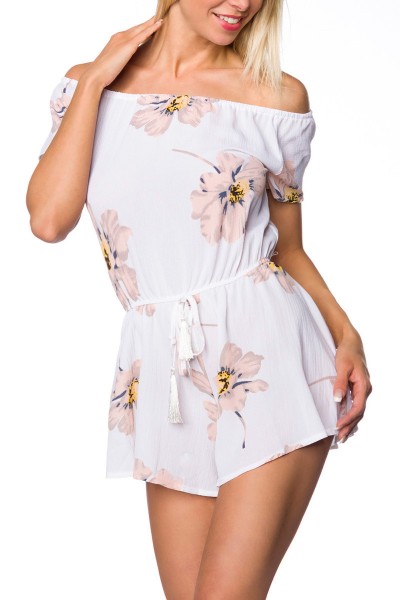 Damen Playsuit Hosenrock in weiß gemustert Anzug Jumpsuit kurz ohne Träger geblümt