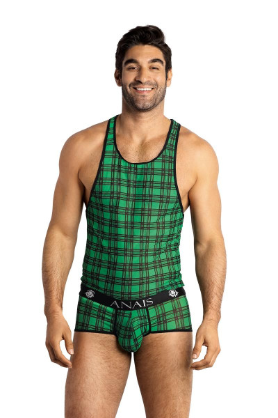 Schwarz grünes Herren Tank Top aus glattem halbtransparentem Stoff mit Karo Muster Männer Muscle Shi