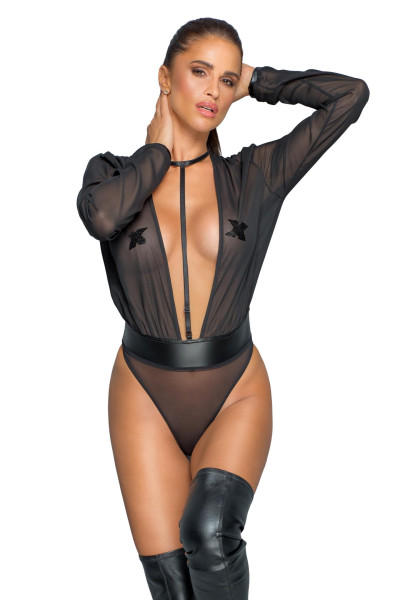 Damen Dessous langarm Body mit Blusen Oberteil, verstellbarem Gurt und Höschen aus Netz transparent