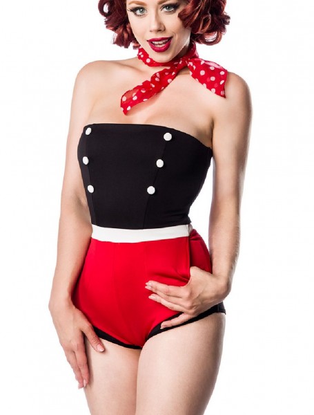 Kurzer schwarz roter Damen Retro Body mit Knöpfen aus Jersey Stoff mit seitlichen Eingriffstaschen