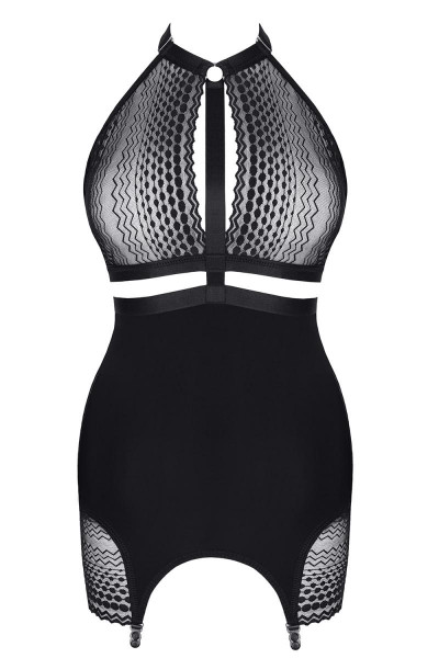 Schwarzes Straps-Kleid Damen Dessous Chemise transparent mit offenem Rücken und Spitze Strümpfe inkl
