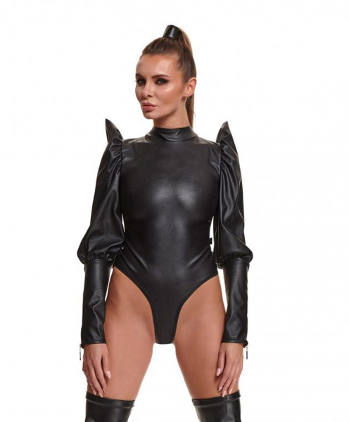 Schwarzer elastischer Damen Dessous Body aus Kunstleder mit Puffärmel und Reißverschlüssen