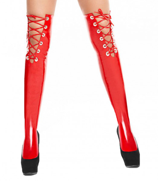 Rote Damen Dessous Lack Strümpfe elastisch mit Schnürung Stockings glänzend