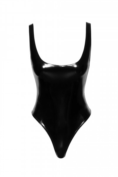Schwarzer Damen Dessous Lack Body hoch geschnitten glänzender Stoff PVC-Body elastisch