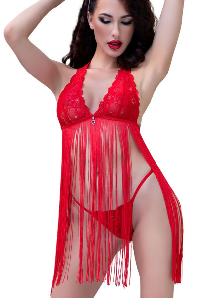 Frauen Dessous Negligee Fransen Minikleid Babydoll in rot mit String Träger und floraler Spitze Rück