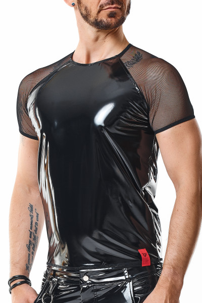 Lack Herren T-Shirt schwarz mit Schultern aus Mesh elastisch fetisch Shirt glänzend