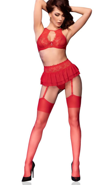 Damen Dessous Straps Set in rot mit BH Strümpfen, String, Top und Strapsgürtel teiltransparent elast