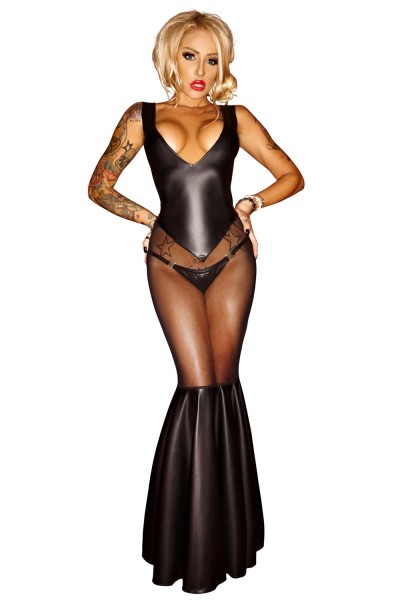 Schwarzes erotisches langes wetlook Kleid rückenfrei mit Metallkette Damen Dessous wetlook Kostüm-Co