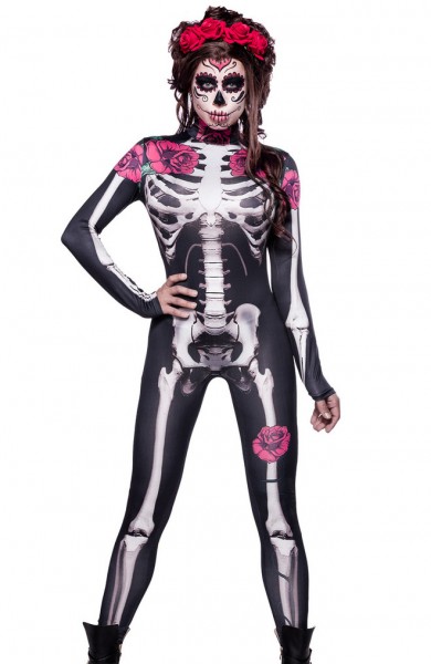 Damen Skelett Overall Kostüm Halloween Verkleidung Horror Skelett Outfit mit Rosen und Rosenhaarreif