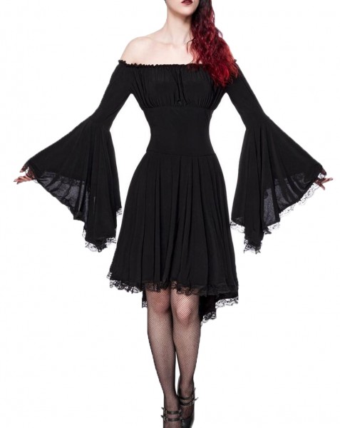 Jerseykleid Damen Gothic-Kleid in schwarz mit Spitze Trompetenärmeln Vintagekleid mit langen Ärmeln