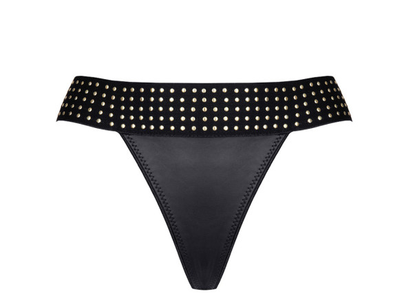 Schwarzer wetlook String-Tanga mit Gummiband und goldenen Ornamenten elastisch