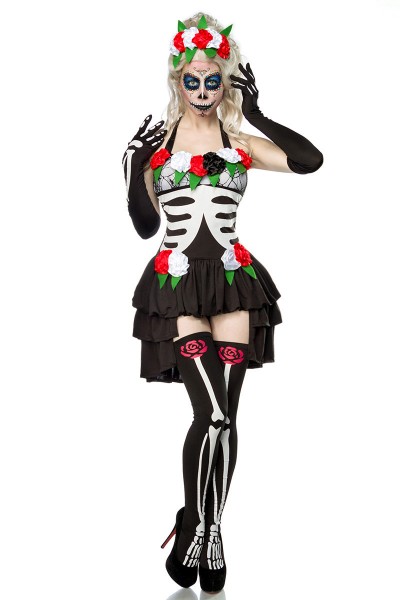 Damen Horror Skelett Geist Kostüm aus Kleid, Haarreif, Handschuhe, Stockings schwarz/weiß OneSize XS