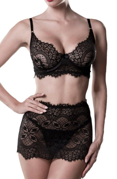 Schwarzes Damen BH Bustier Spitzentop mit tiefem Ausschnitt Top Oberteil und String Rock Spitze mit