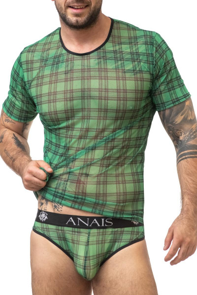 Schwarz grünes Herren T-Shirt aus glattem halbtransparentem Stoff mit Karo Muster Männer Shirt karie