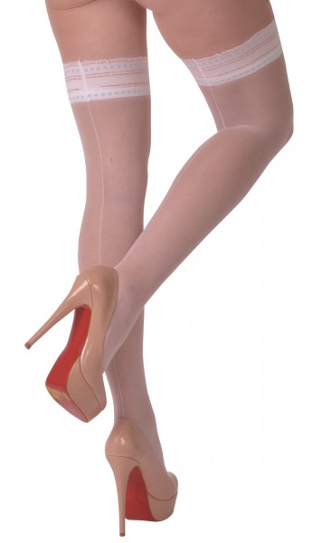 Halterlose Damen Dessous Strümpfe Stockings weiß mit Gummiband selbsttragend transparent 20 den