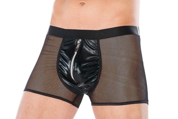 Herren Dessous Boxer-Shorts schwarz aus wetlook Material mit Reißverschluss Männer Shorts Unterwäsch